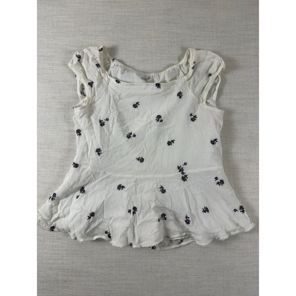 Abercrombie Kids White Floral Embroidered Peplum Top Size 15/16 Purple Rosebud